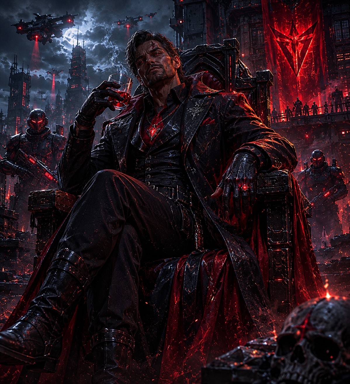 Villainous overlord in a dystopian throne