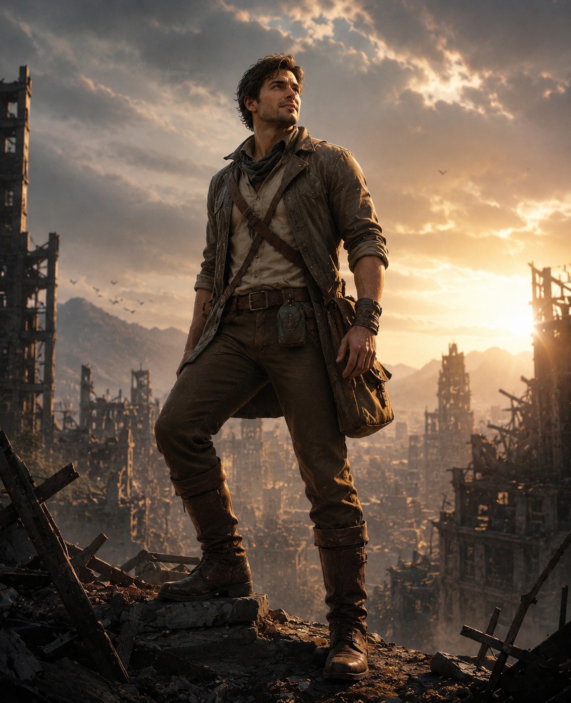 Adventurer standing in ruins with rays of light and a hopeful look